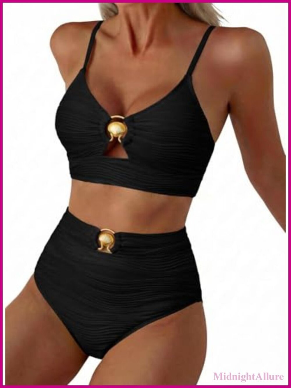 High Waisted Metal Ring Textured Bikini Set Swimsuit 2 Piece Summer Beach